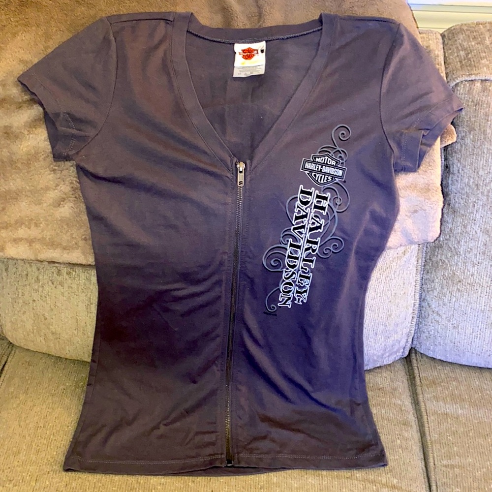 NEW HARLEY-DAVIDSON NEVADA FULL FRONT ZIPPER FEMALE SHORT SLEEVE GRAY TOP S/M
